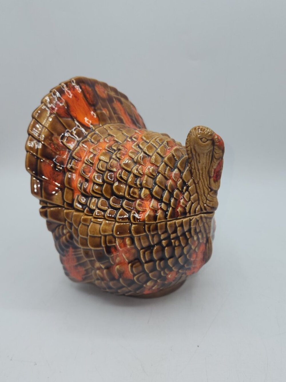Hand Painted Retro Ceramic Turkey Thanksgiving Dish Lid Drip Fall Colors 7”